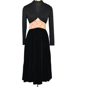 Vintage Midi Dress Black 70s Banded A Line Velvet Long Sleeves Knit Brocade XS
